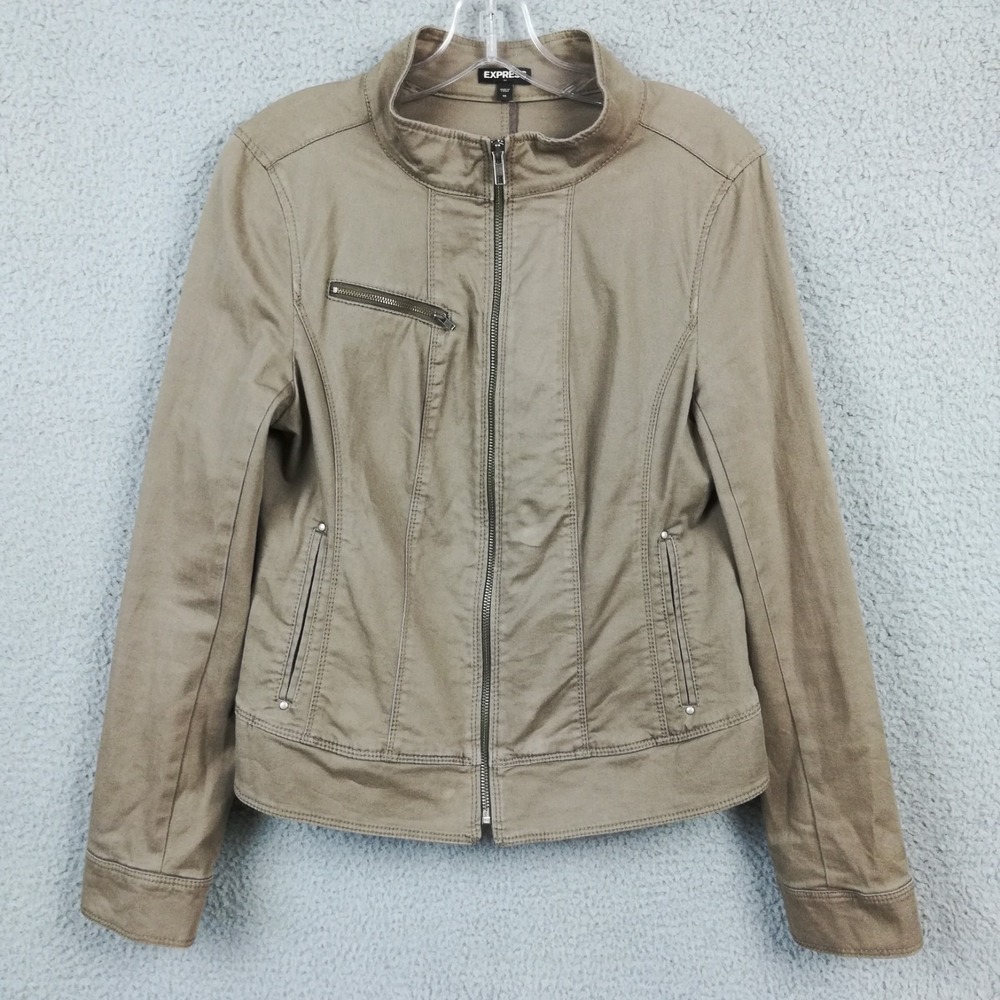 Express Womens Jacket Moto Beige Brown Lightweight Canvas Motorcycle Full Zip 10